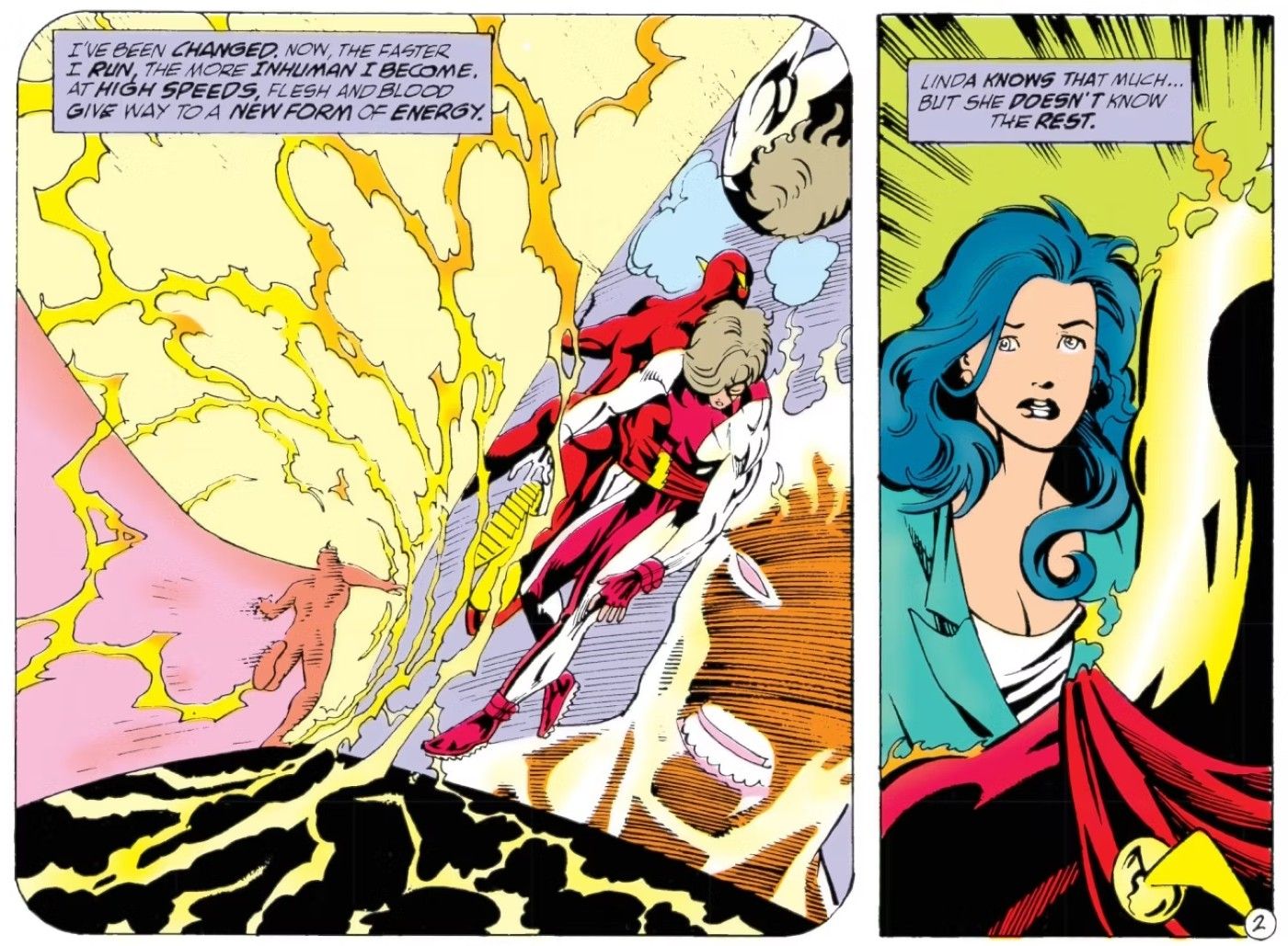 Comic book panels: a swirl of yellow energy surrounds the Flash as he runs holding a younger boy.