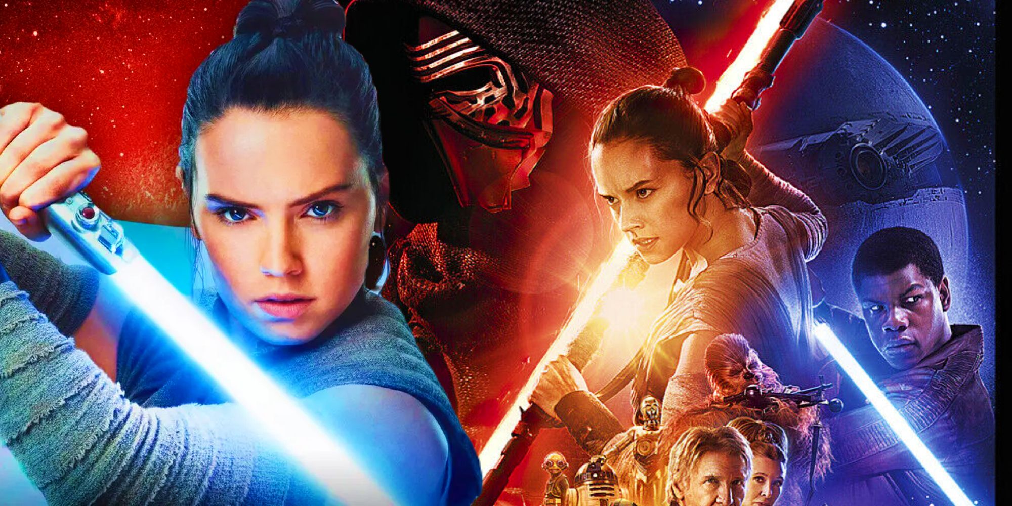 Star Wars: The Force Awakens' official poster next to Rey Skywalker holding her blue lightsaber