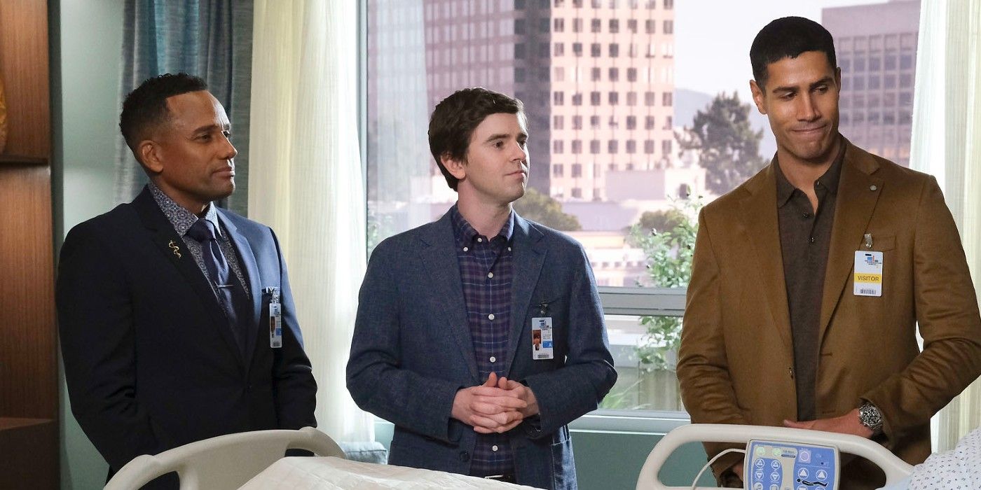 Hill Harper, Freddie Highmore, and Chuku Modu standing at a patient's bedside in The Good Doctor