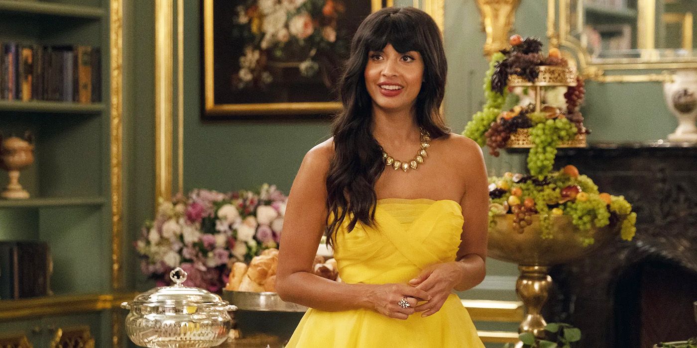 The Good Place smiling Tahani wearing a yellow dress