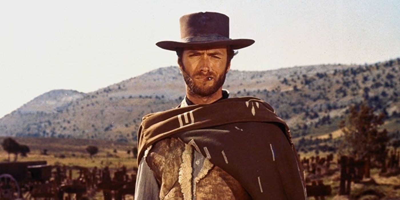 Clint Eastwood as Blondie squints at the camera as he prepares for the final duel in The Good, The Bad and the Ugly