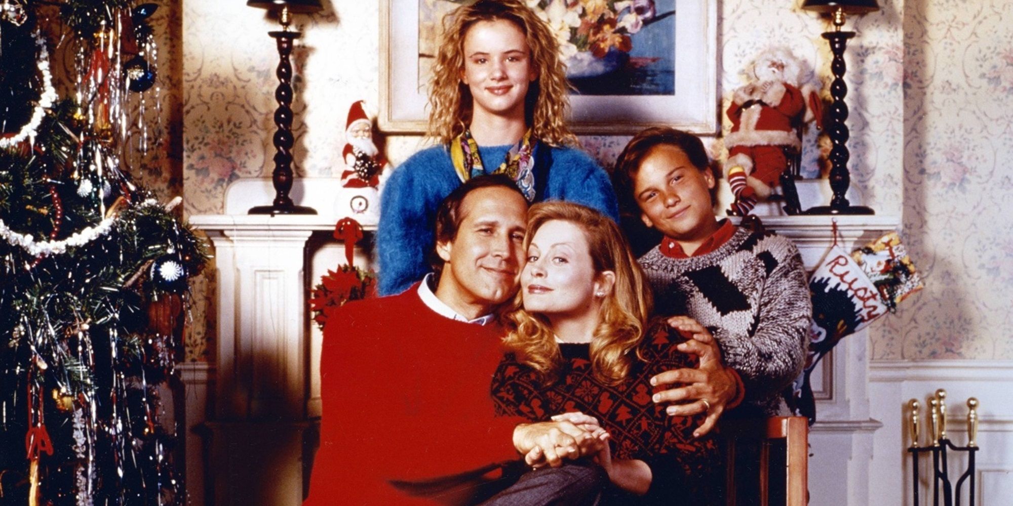 The Griswold family posing by the tree in Christmas Vacation
