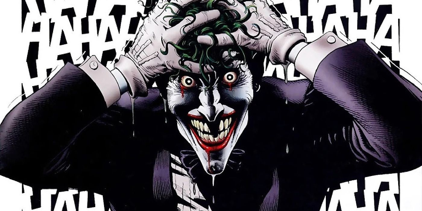 Featured Image: iconic The Killing Joke image, Joker clutching his head against a backdrop of 