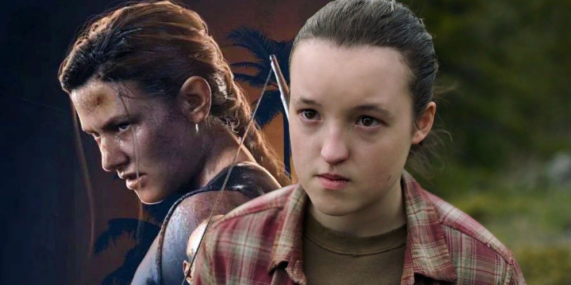 Abby scowling in The Last of Us Part II next to Bella Ramsey looking sad as Ellie in HBO's Last of Us