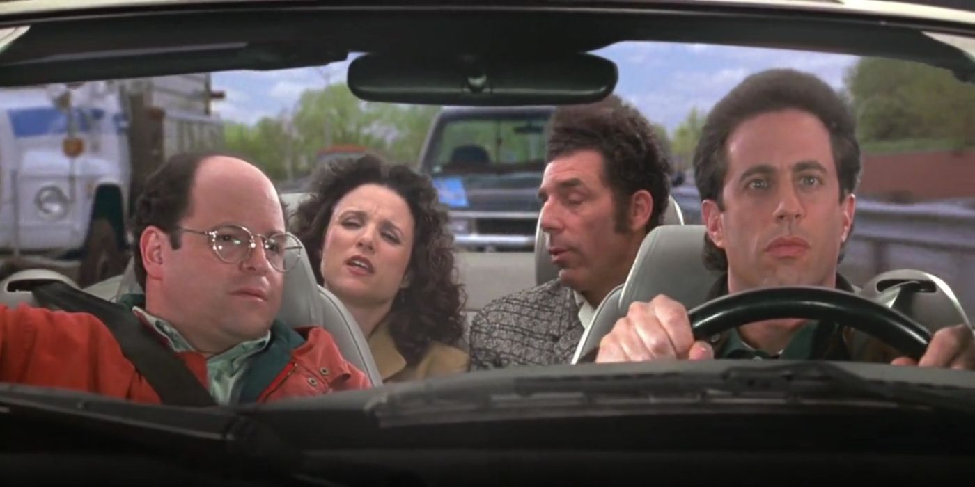 Jerry, George, Elaine, and Kramer in a car in Seinfeld