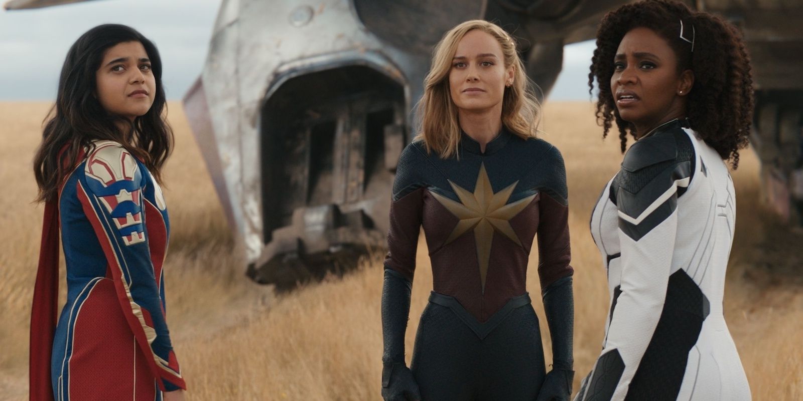 Ms. Marvel (Iman Vellani), Captain Marvel (Brie Larson), and Monica Rambeau (Teyonah Parris) in The Marvels