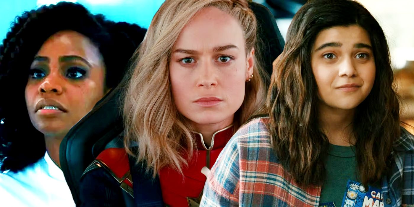 A split image featuring close-ups of Ms Marvel  (Iman Vellani), Captain Marvel (Brie Larson), and Monica Rambeau (Teyonah Parris) in The Marvels