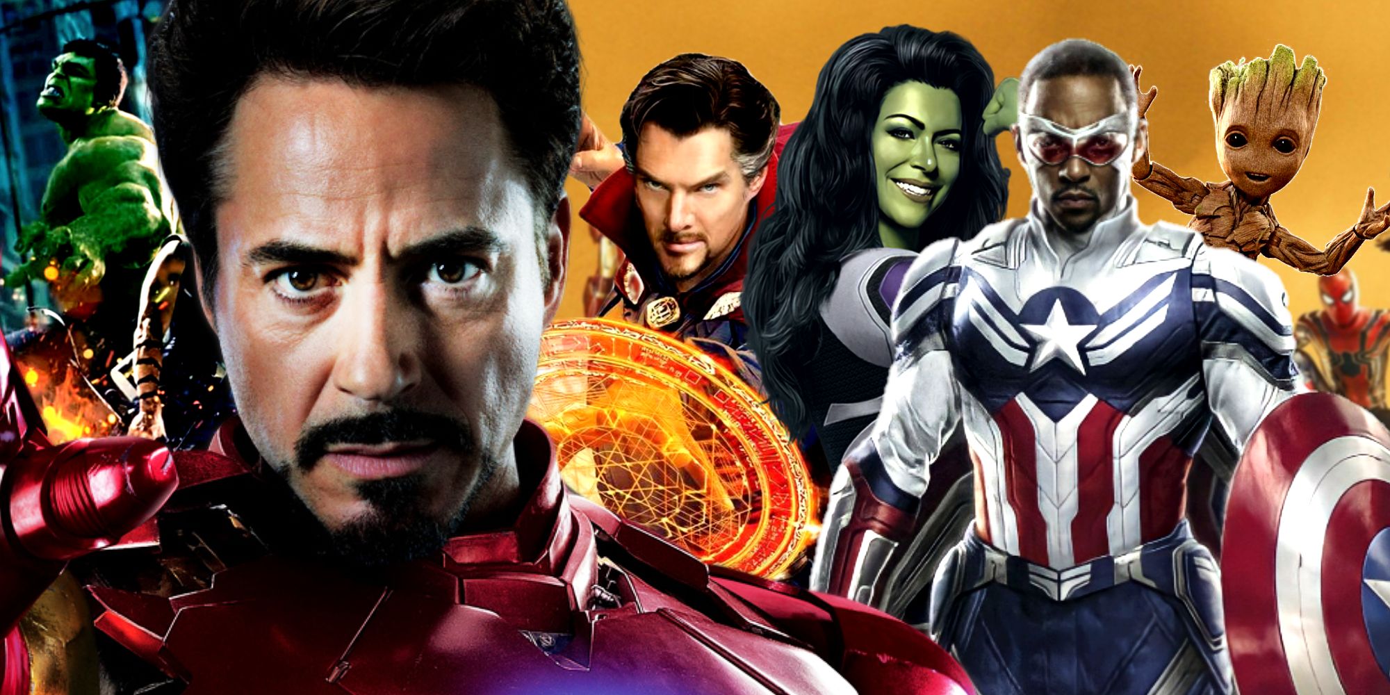 Split image of Iron Man, Doctor Strange, She-Hulk, Captain America, Groot, and Spider-Man