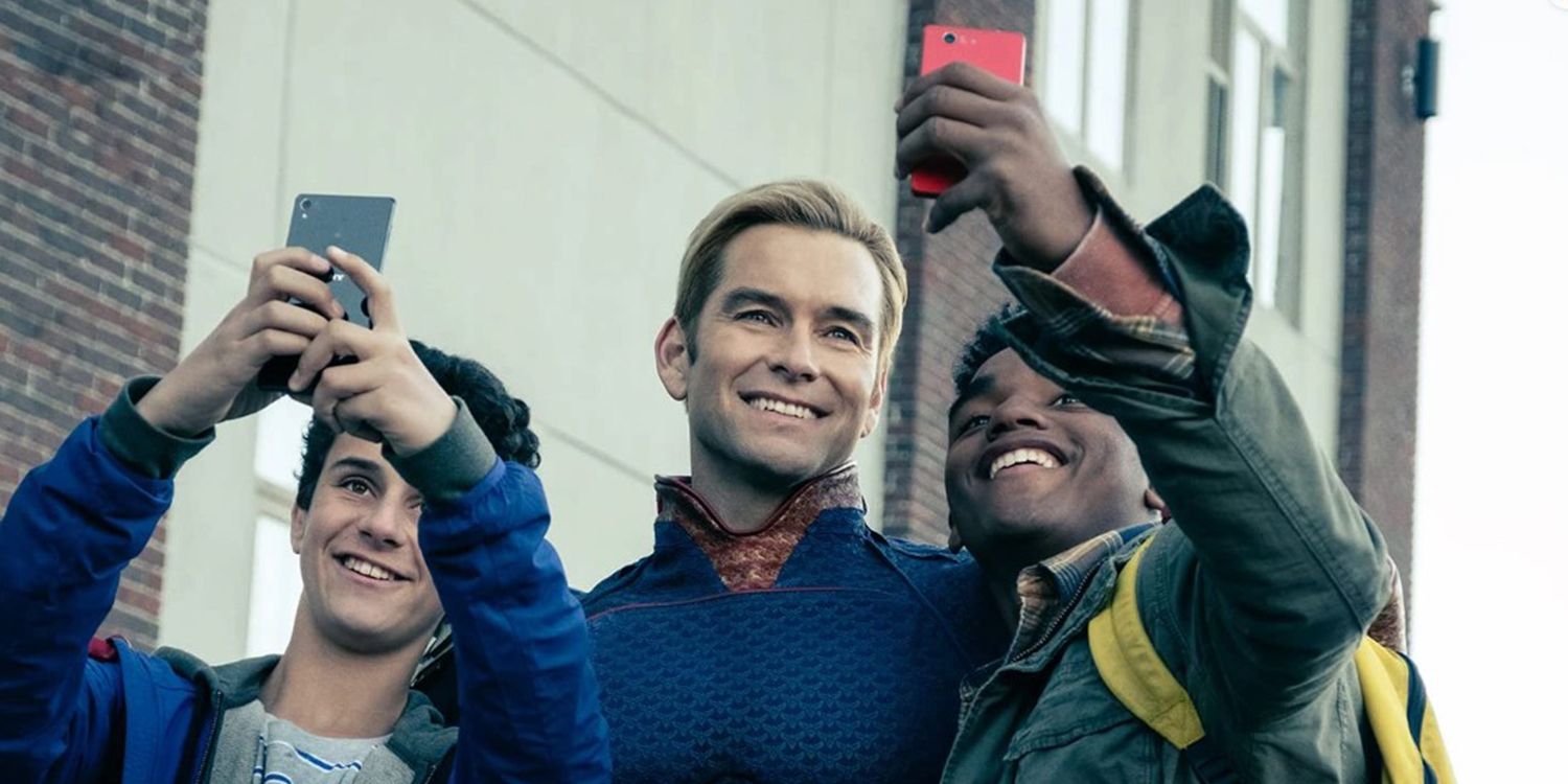 Anthony Starr as Homelander posing for selfies with fans in The Boys