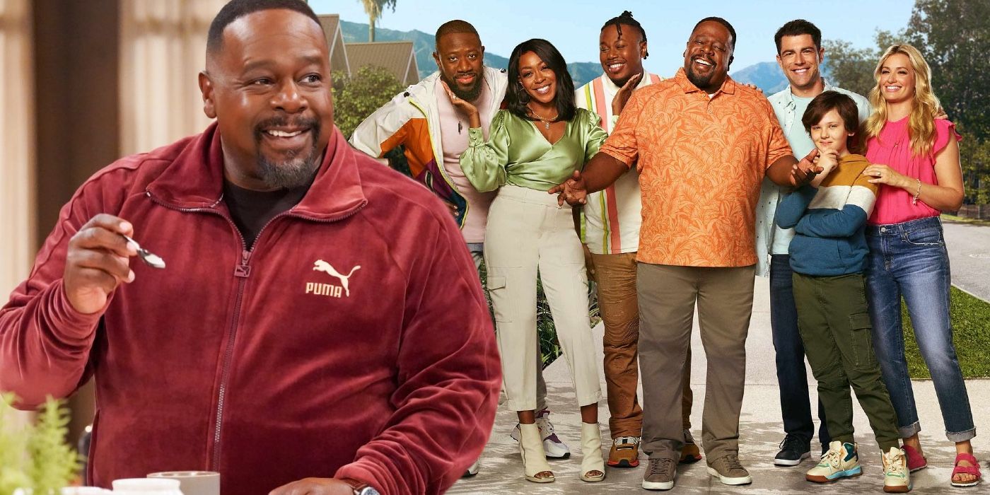 Cedric the Entertainer laughs composited with an image of the cast of The Neighborhood