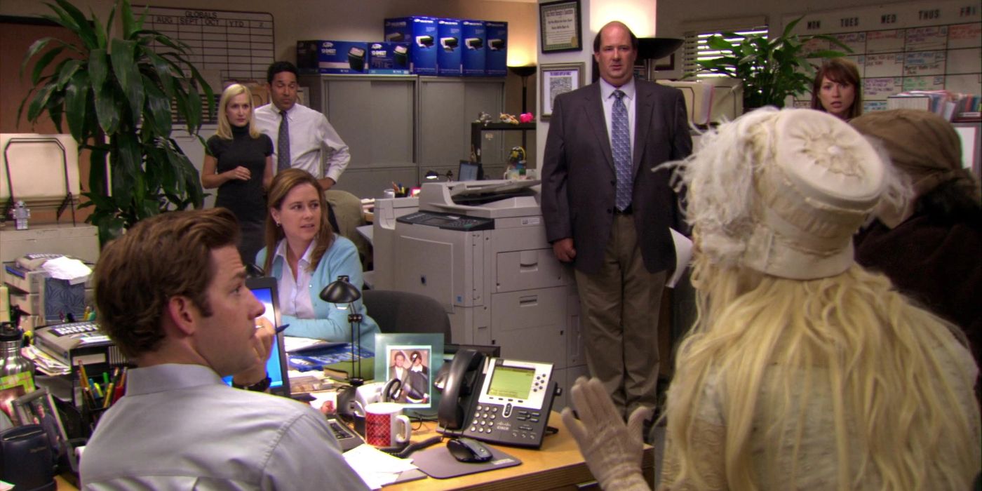 The Office's Andy's Play with Jim, Pam, and Kevin watching the cast of Sweeney Todd in the office