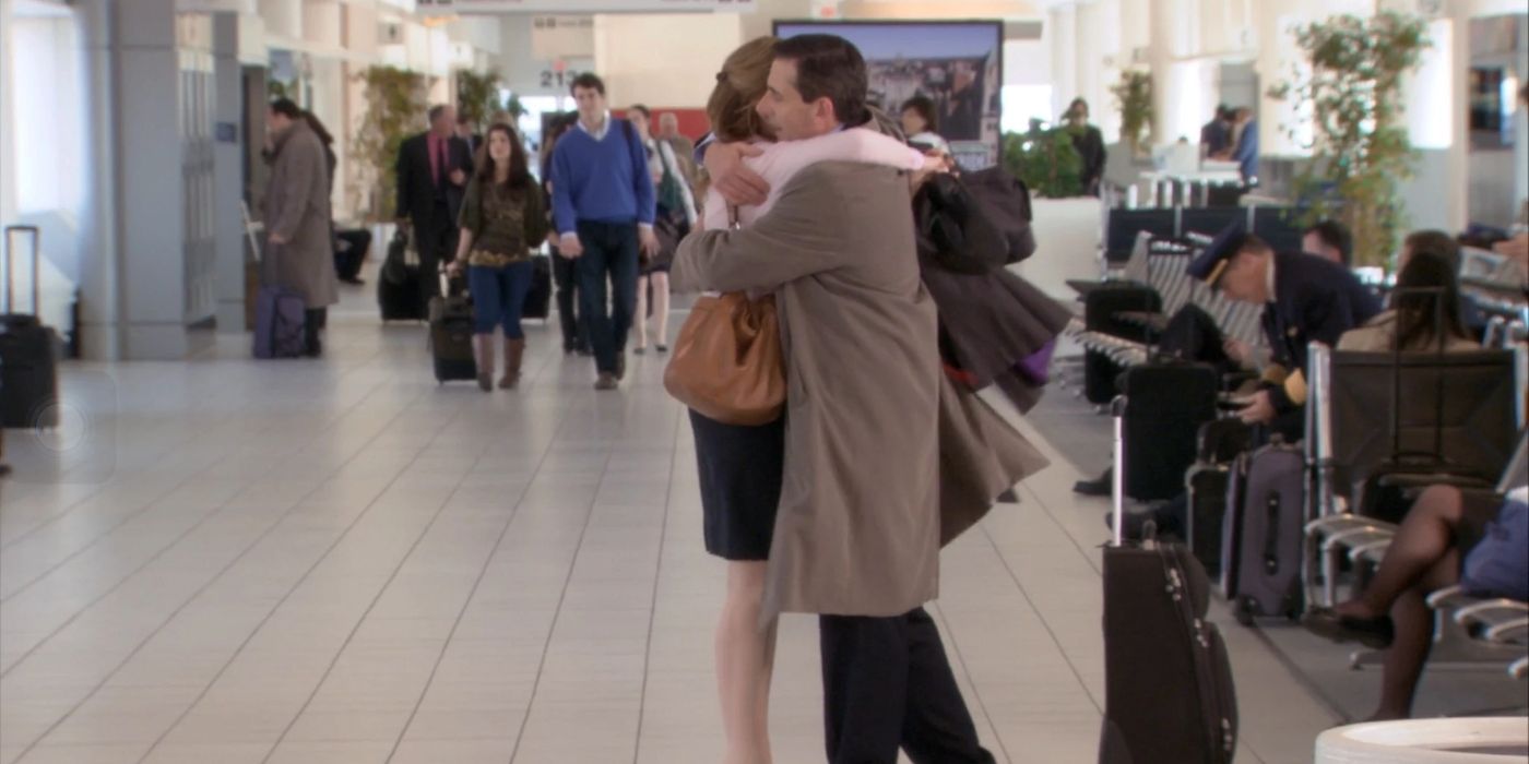 Pam (Jenna Fischer) hugging Michael before he leaves for his flight in The Office season 7