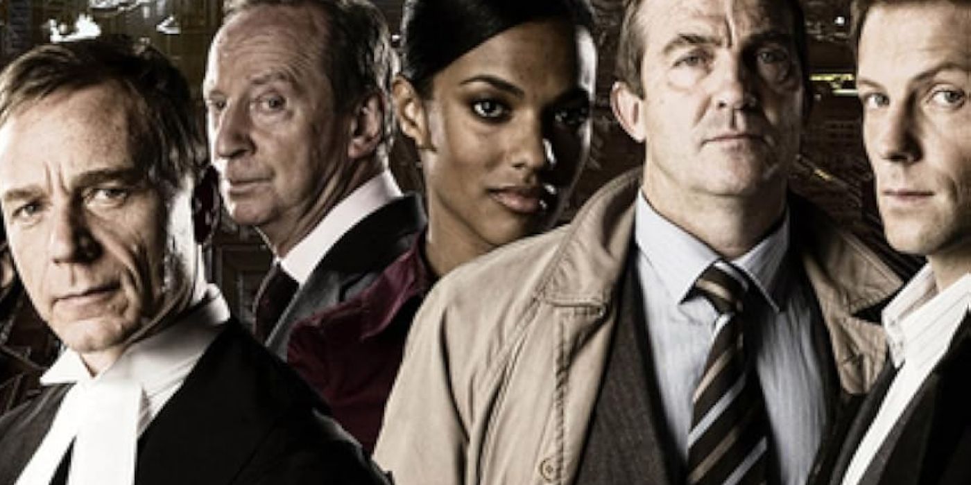 The poster for Law and Order UK featuring the main characters Matt, Ronnie, James, Aleesha, and Bill
