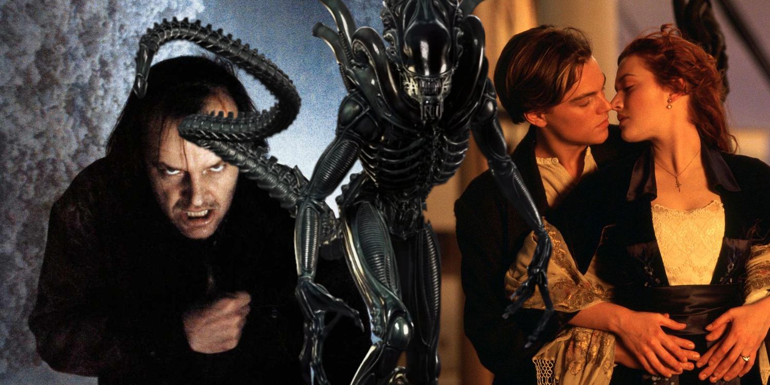 Collage of Jack Nicholson in The Shining, a Xenomorph from Alien, and Leonardo DiCaprio and Kate Winslet embracing in Titanic