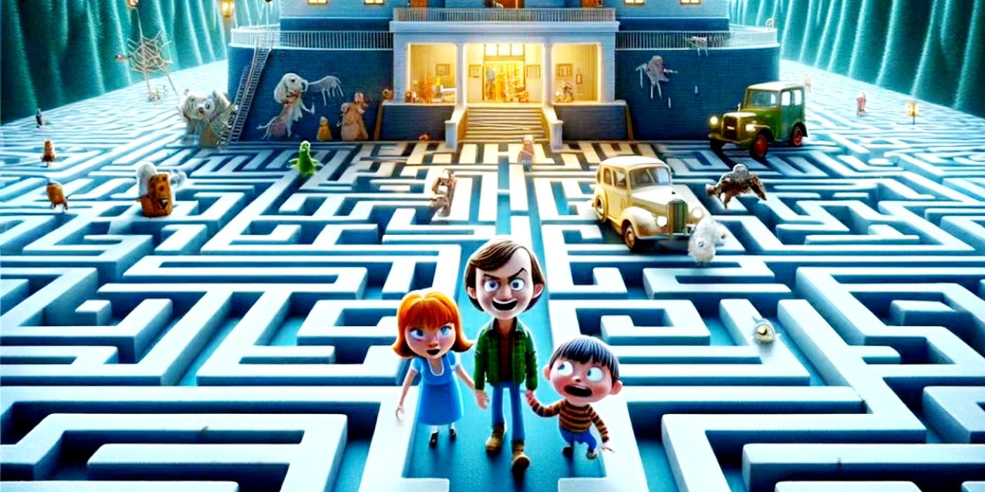 A Pixar-style poster for The Shining with Jack, Wendy, and Danny in a maze.