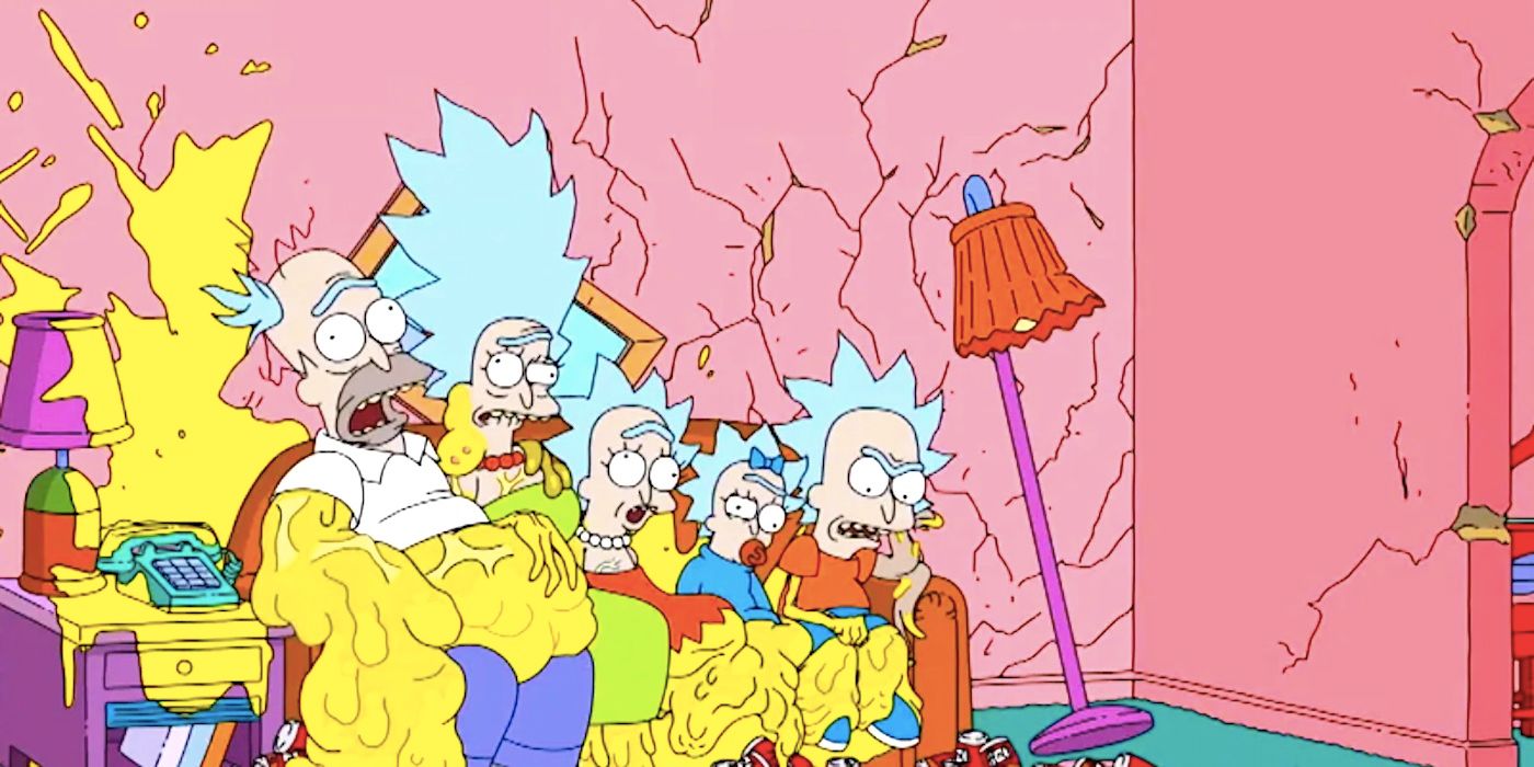 The Simpsons merged with Rick's DNA sit on the couch in the show's Rick and Morty crossover couch gag