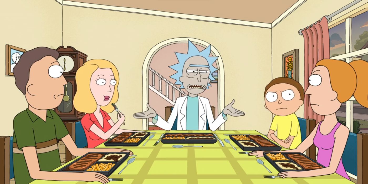 Jerry, Beth, Rick, Morty y Summer cenando en Rick y Morty temporada 7
