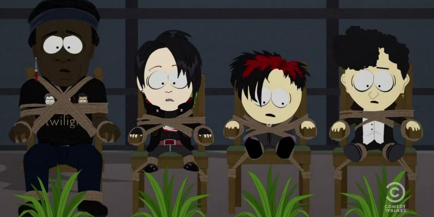 The South Park goth kids tied to chairs.