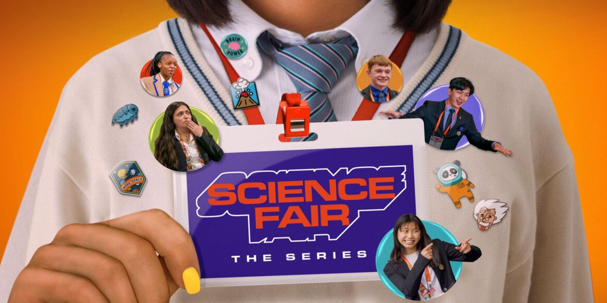 The title card for Science Fair the Series features a card held up in front of a person as an ID badge and several buttons depicting contestants in the show