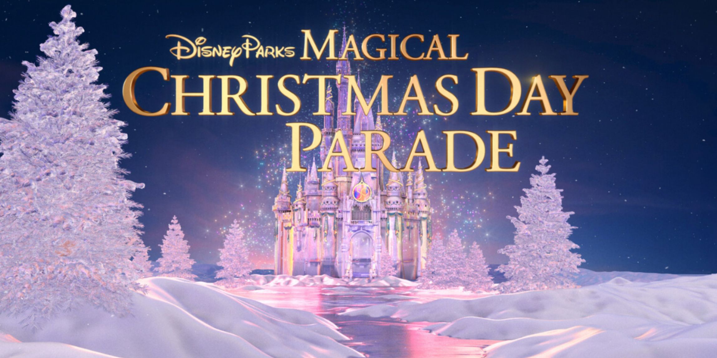 The title card for the Disney Parks Christmas Day parde features a castle made from ice and a path made of snow