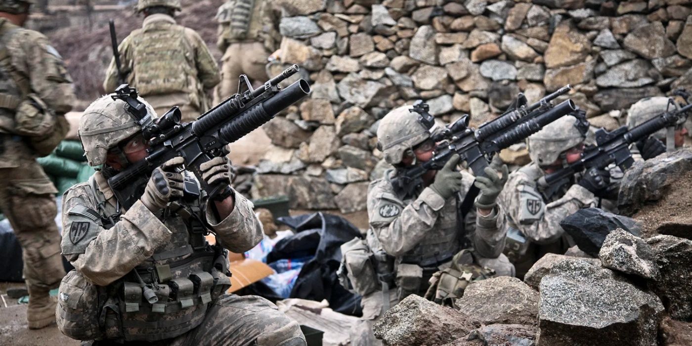 Soldiers pointing guns in Afghanistan in The Hornet's Nest.