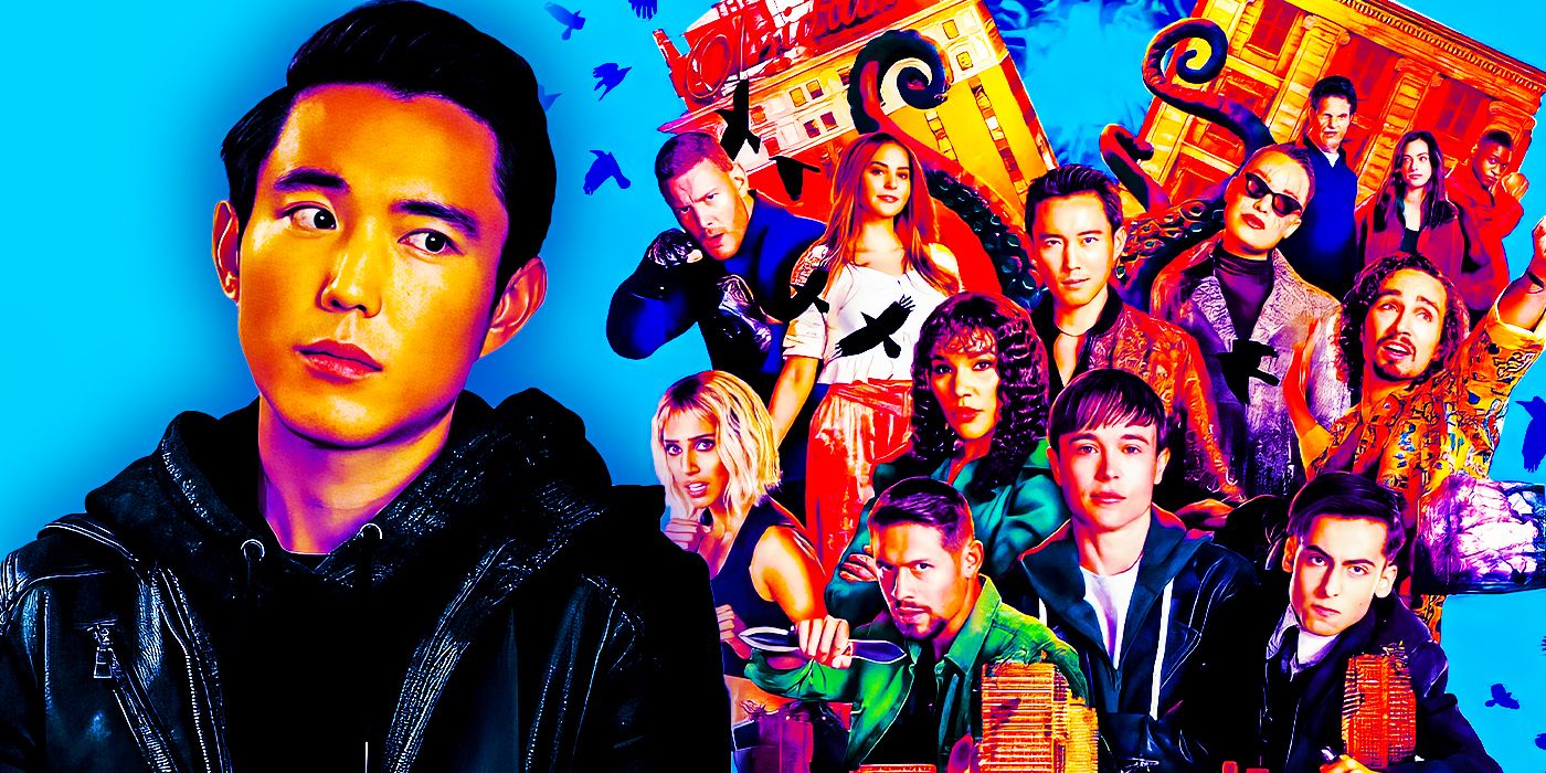 Justin H. Min as Ben Hargreeves and an image of the cast of The Umbrella Academy season 3