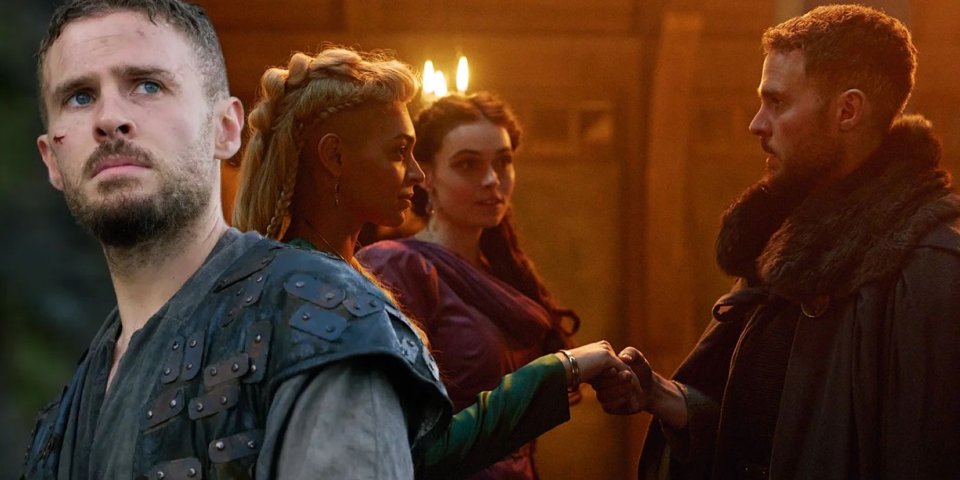 A composite image of Arthur looking on in front of Arthur shaking hands with Morgan le Fay in The Winter King