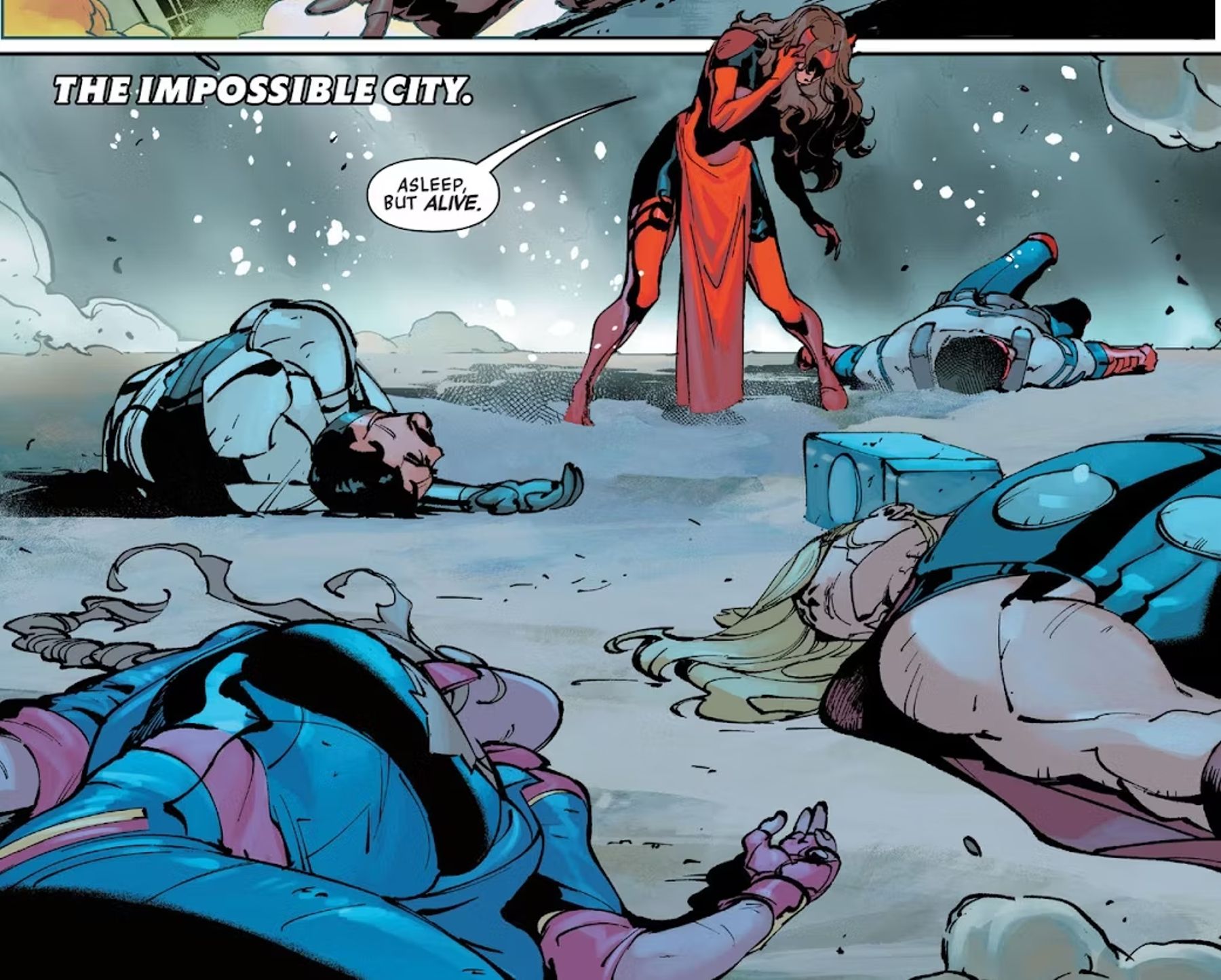panel from Avengers #7, the team lies unconscious, except for Scarlet Witch