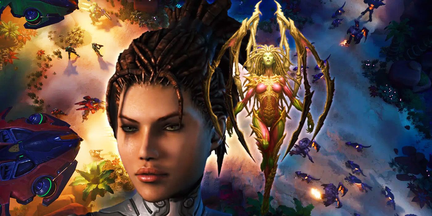 Sarah Kerrigan from Starcraft with Stormgate gameplay in the background. 