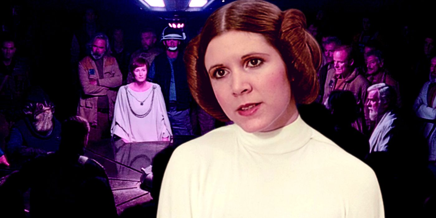Princess Leia in A New Hope with Rogue One's Rebel Alliance council meeting in the background.