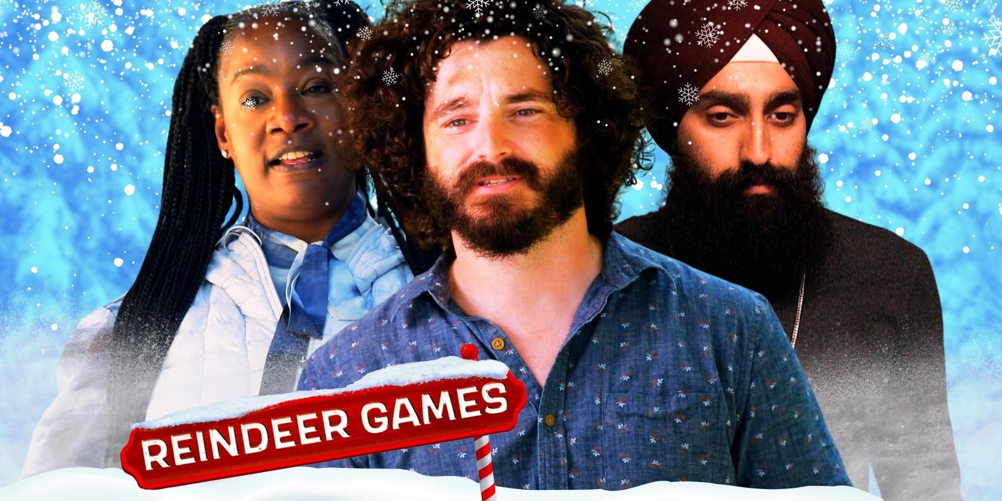 Big Brother 25 houseguests Cameron Hardin, Cirie Fields and Jag Bains, with Reindeer Games logo