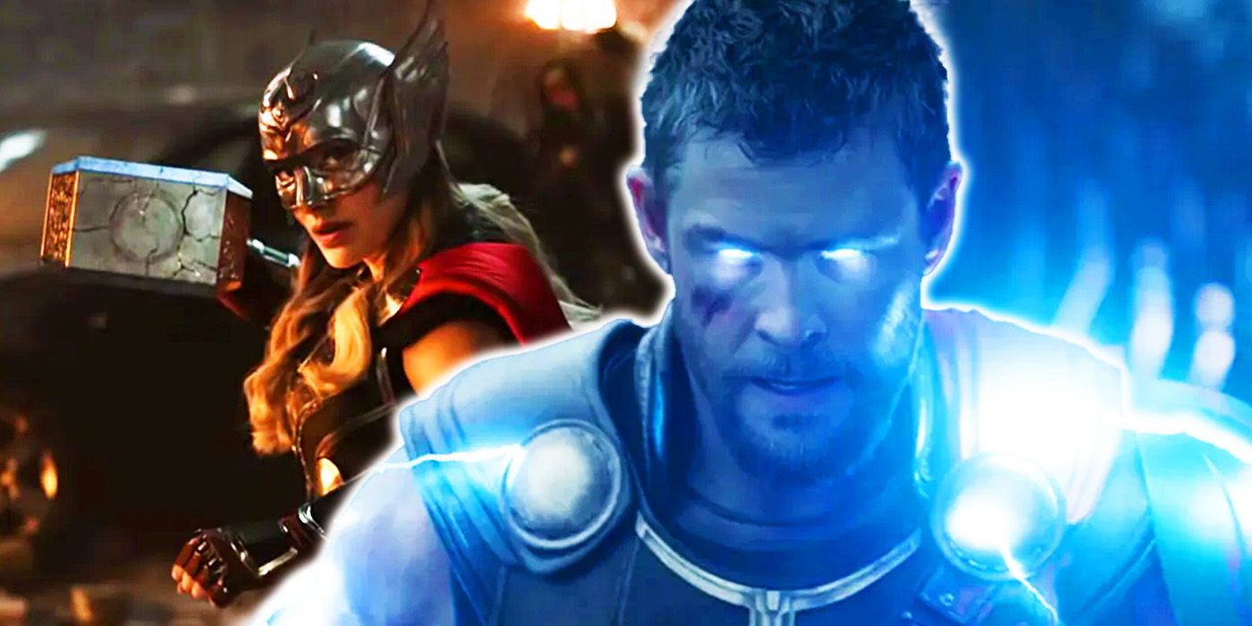 Thor using his lightning power in Thor Ragnarok with the Mighty Thor and Mjolnir in Thor Love and Thunder