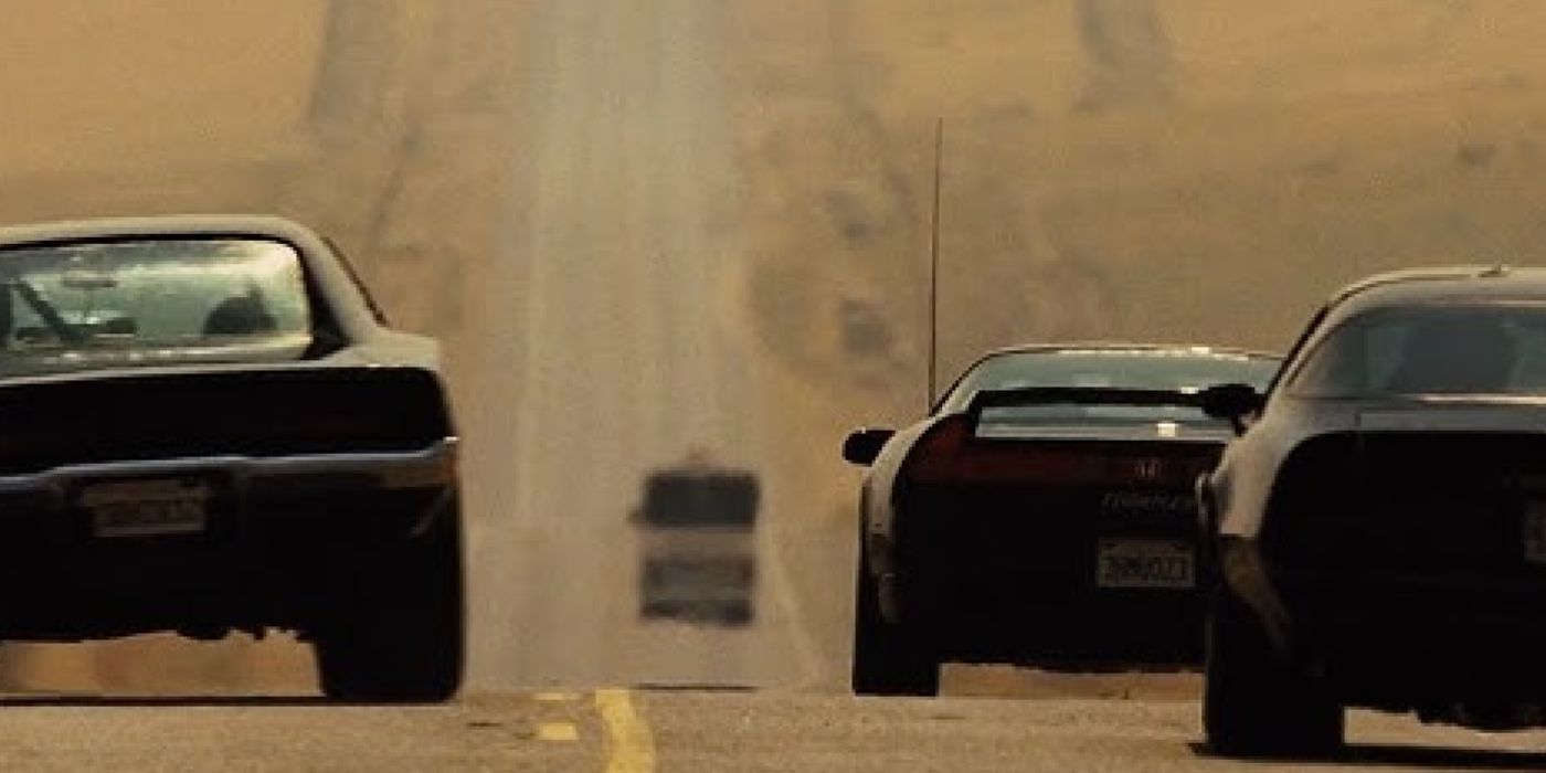 Three cars following a bus in Fast & Furious 4's final scene