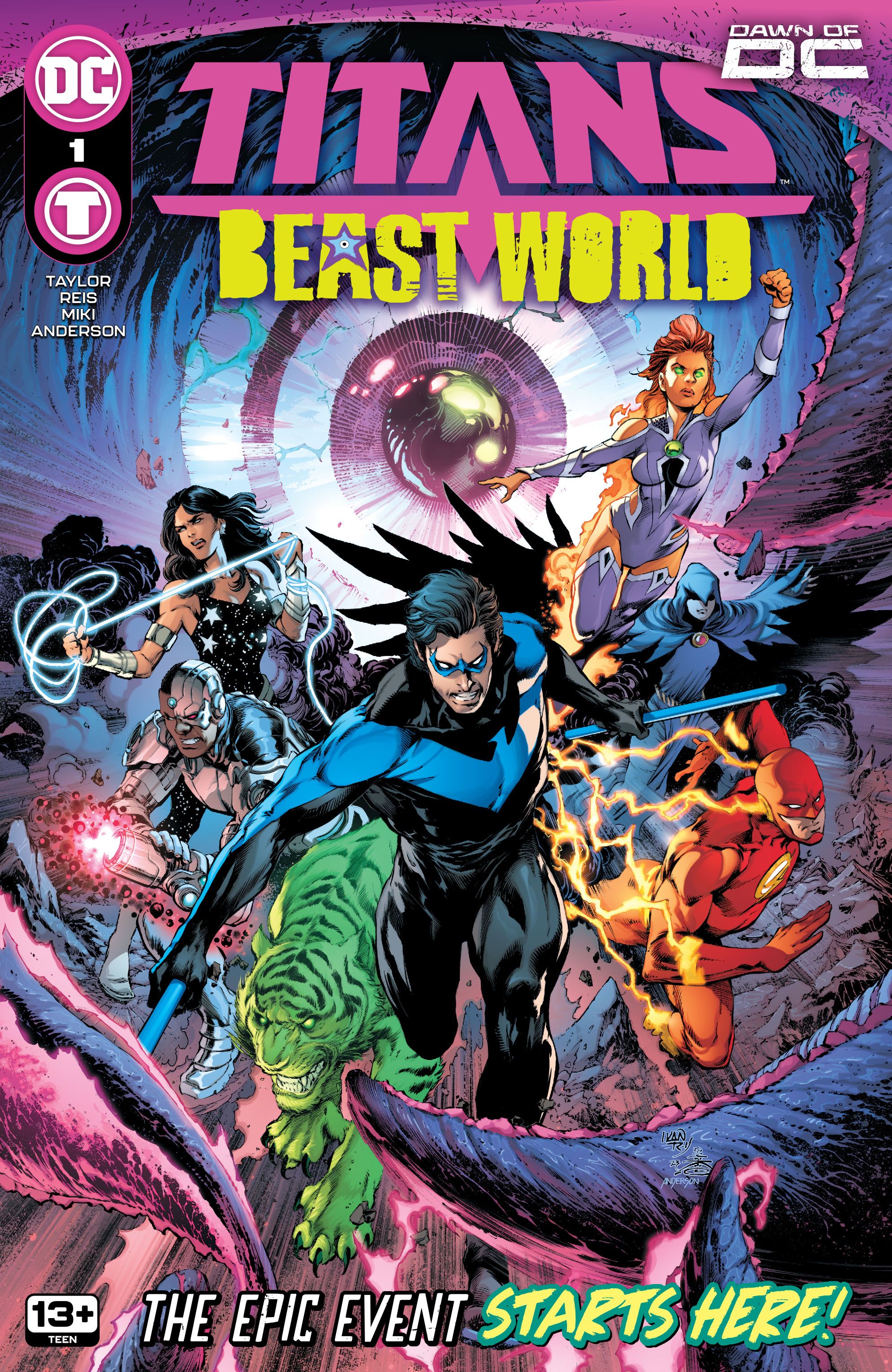 Titans: Beast World 1 Main Cover: Costumed superheroes battle tentacles.