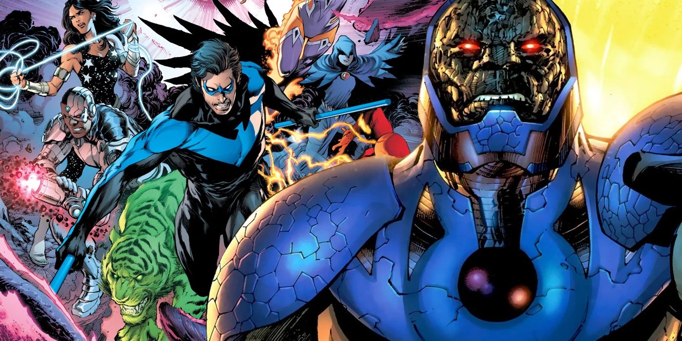 Darkseid (foreground) with the heroes of the DC Universe in the background