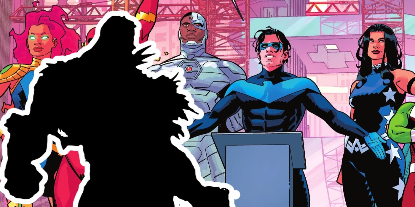 Nightwing, Cyborg, Donna Troy, and Starfire stand near the silhouette of a new Titan 