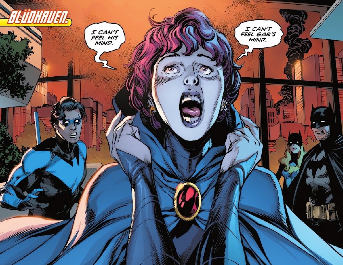 panels from Titans: Beast World #1, Raven reacts to Beast Boy&rsquo;s death