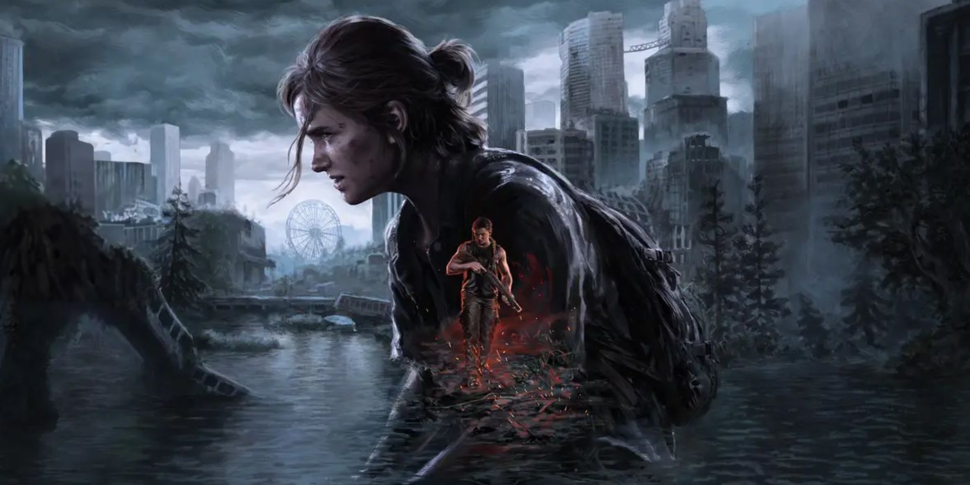 The Last of Us 2 Remastered's key art featuring Ellie and Abby with a post apocalypric world behind them