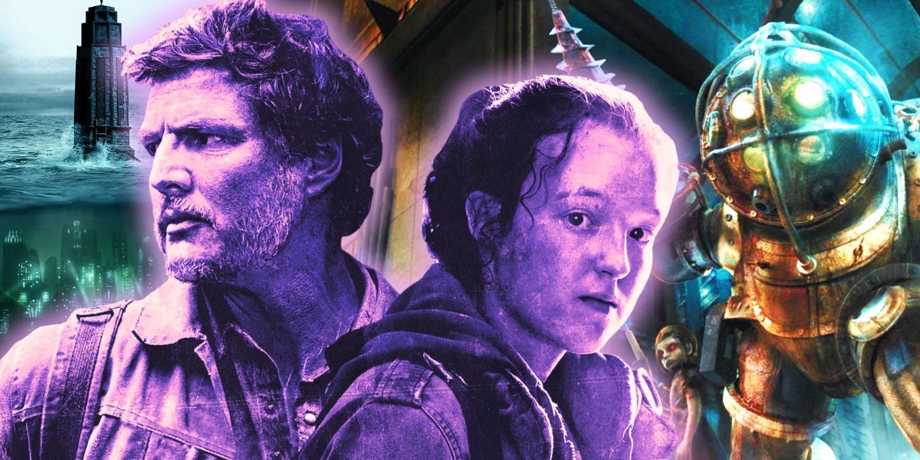 Joel and Ellie from HBO's The Last of Us season 1 collage with Big Daddy and Little Sister from Bioshock