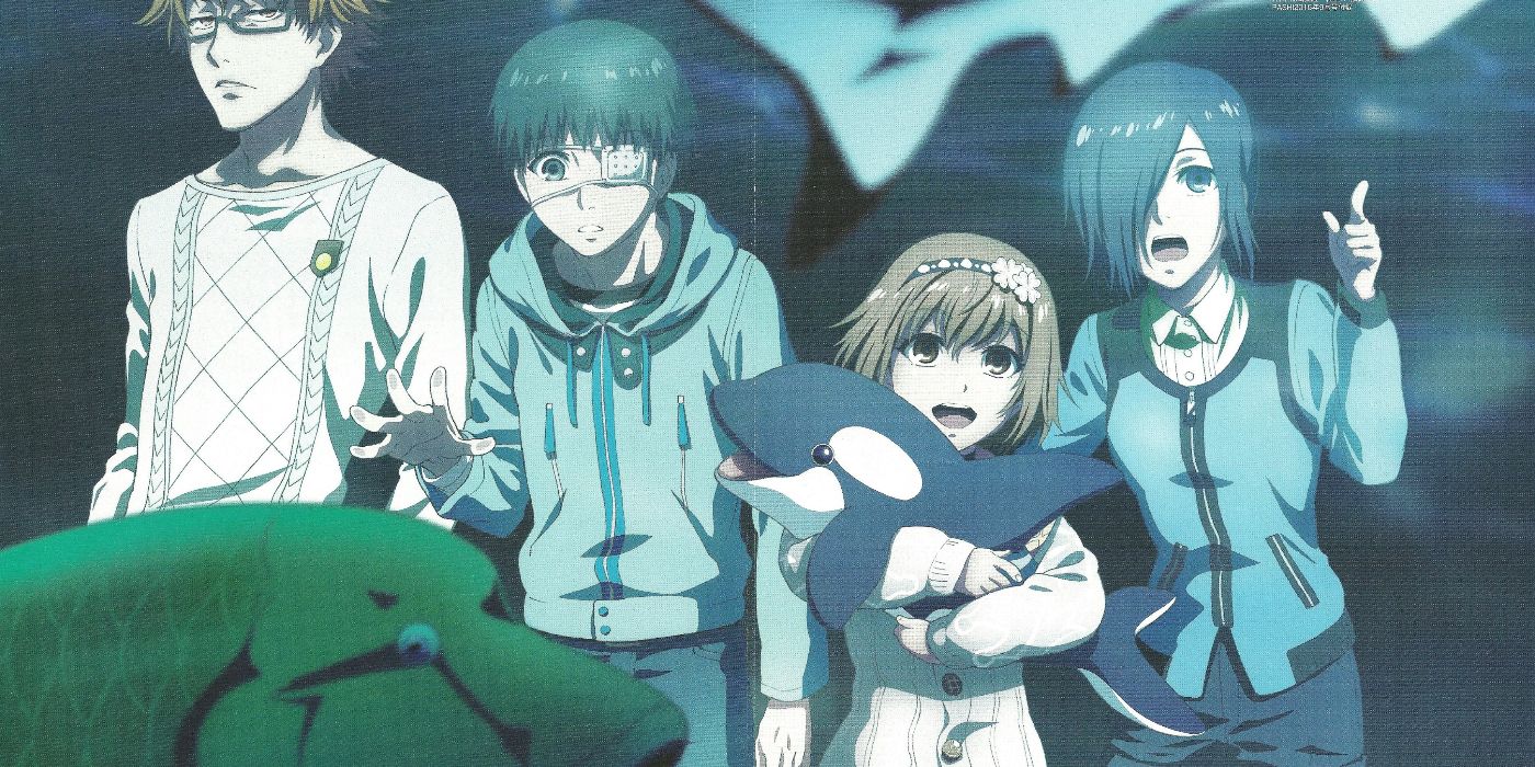 Tokyo Ghoul characters Nishiki, Kaneki, Hinami, and Touka standing in a line looking surprised
