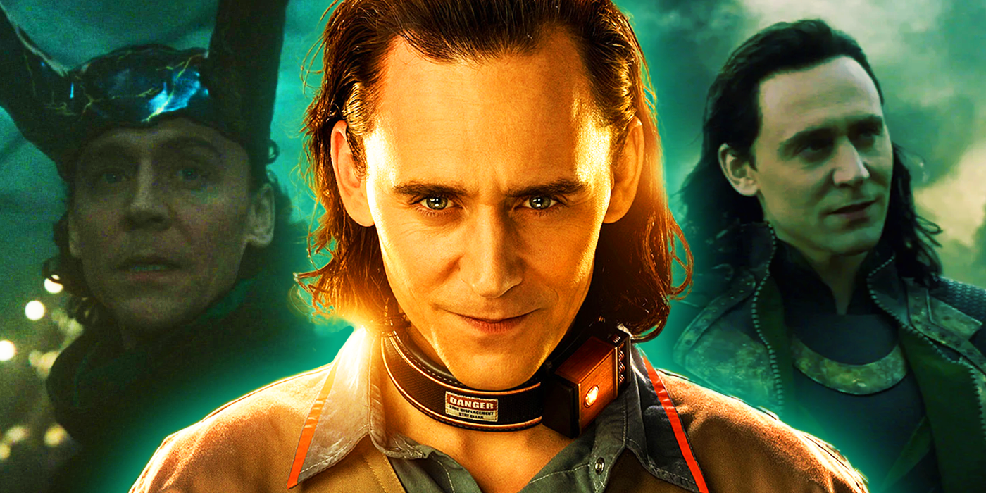 Tom Hiddleston as Loki in season 1 poster, season 2's finale as a god, and Thor The Dark World speaking to Thor on Svartalfheim