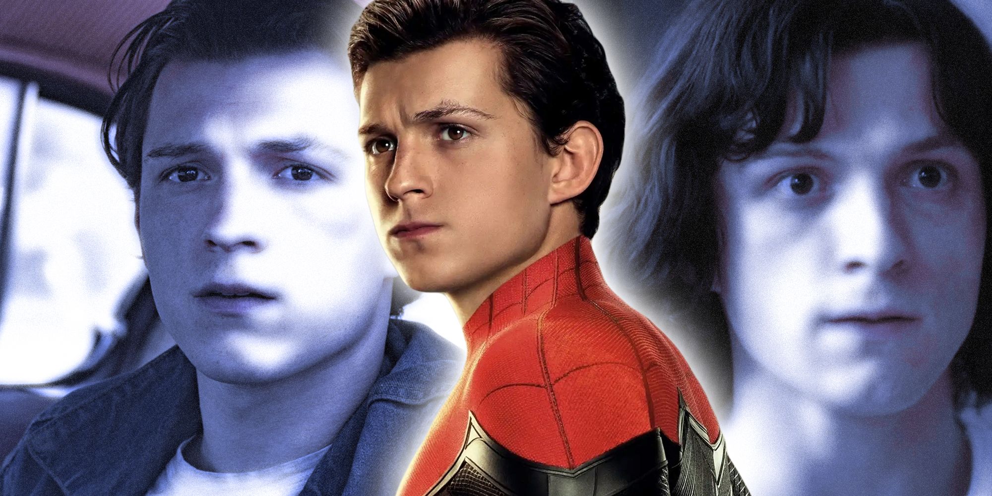 Tom Holland as Spider-Man in the MCU overlaid over images of him in other movies