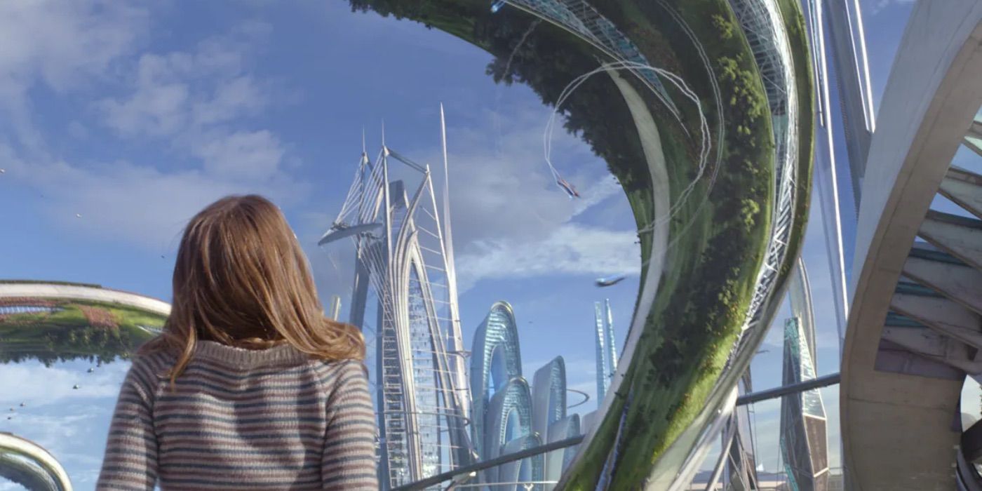 A woman marvels at a futuristic city in Tomorrowland.