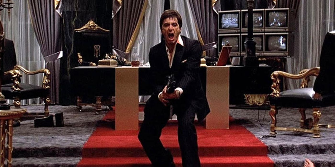 Al Pacino as Tony Montana shooting a gun in Scarface
