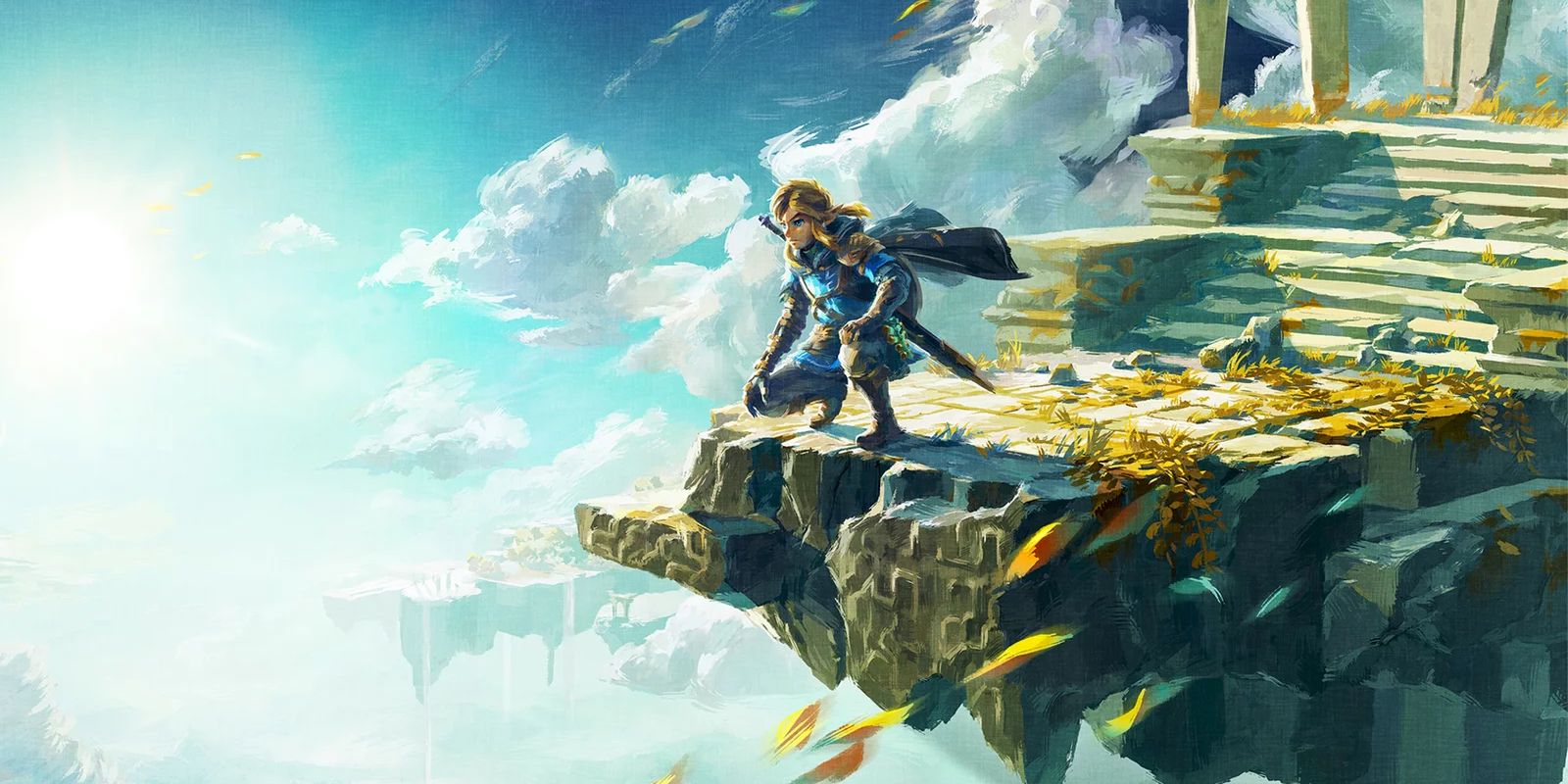 Link kneeling on the edge of an island floating in the sky.