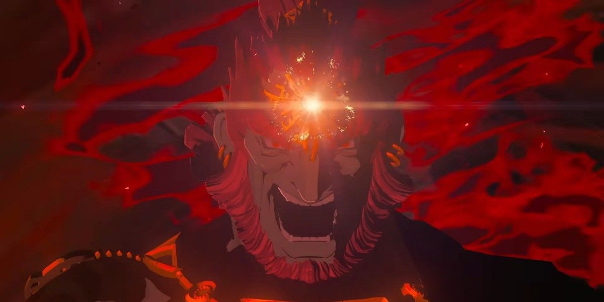 Ganondorf with a glowing light in the center of his head while he rages with a red effect emanating from his body.