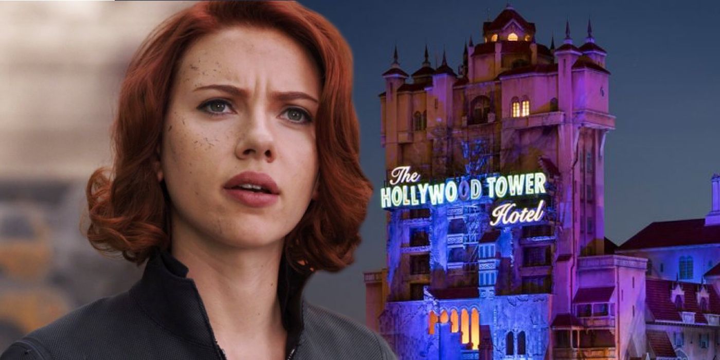 A composite image of The Tower of Terror ride and Scarlett Johansson 