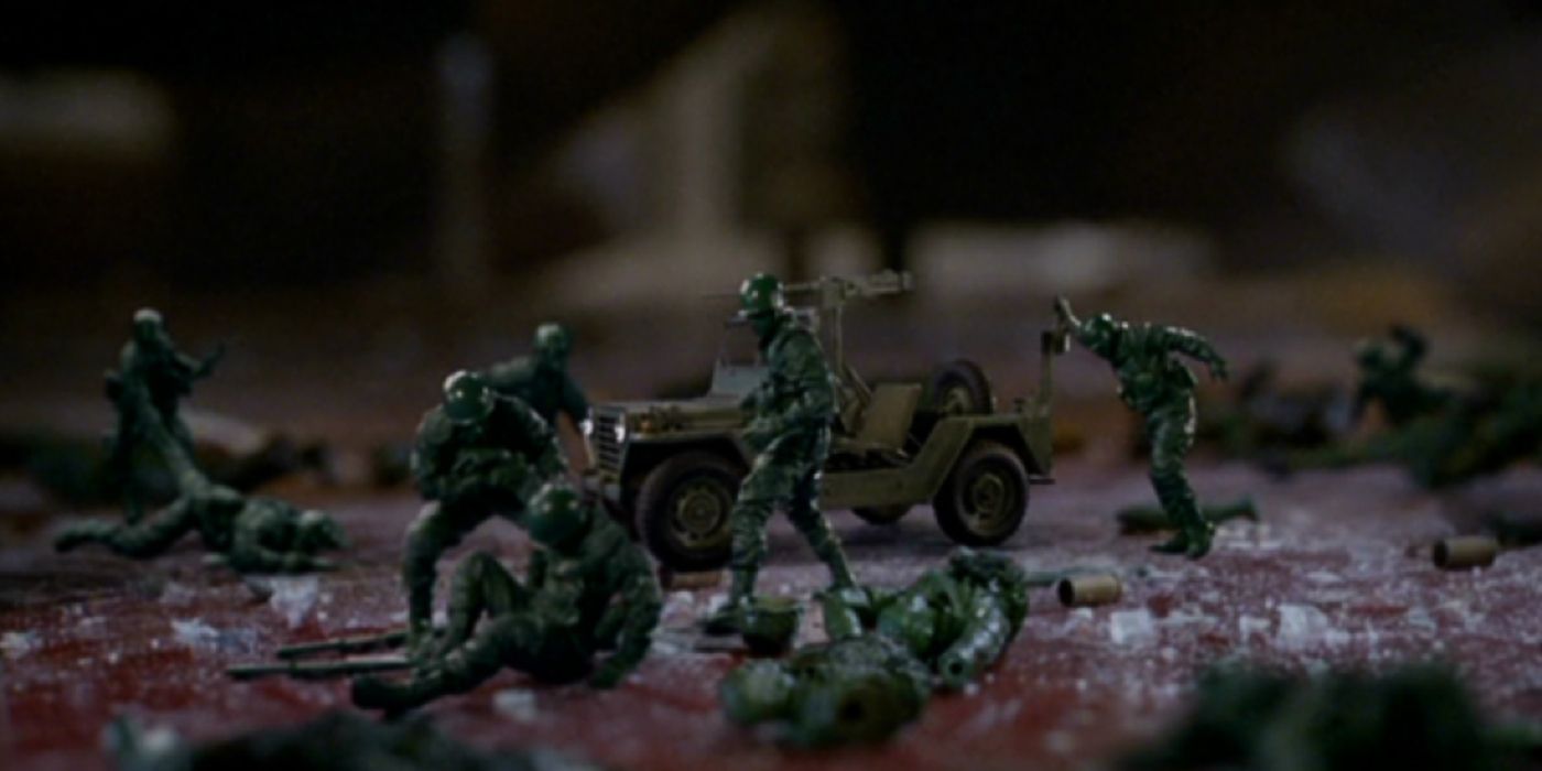A squad of green toy soldiers come to life in various poses in Nightmares and Dreamscapes.