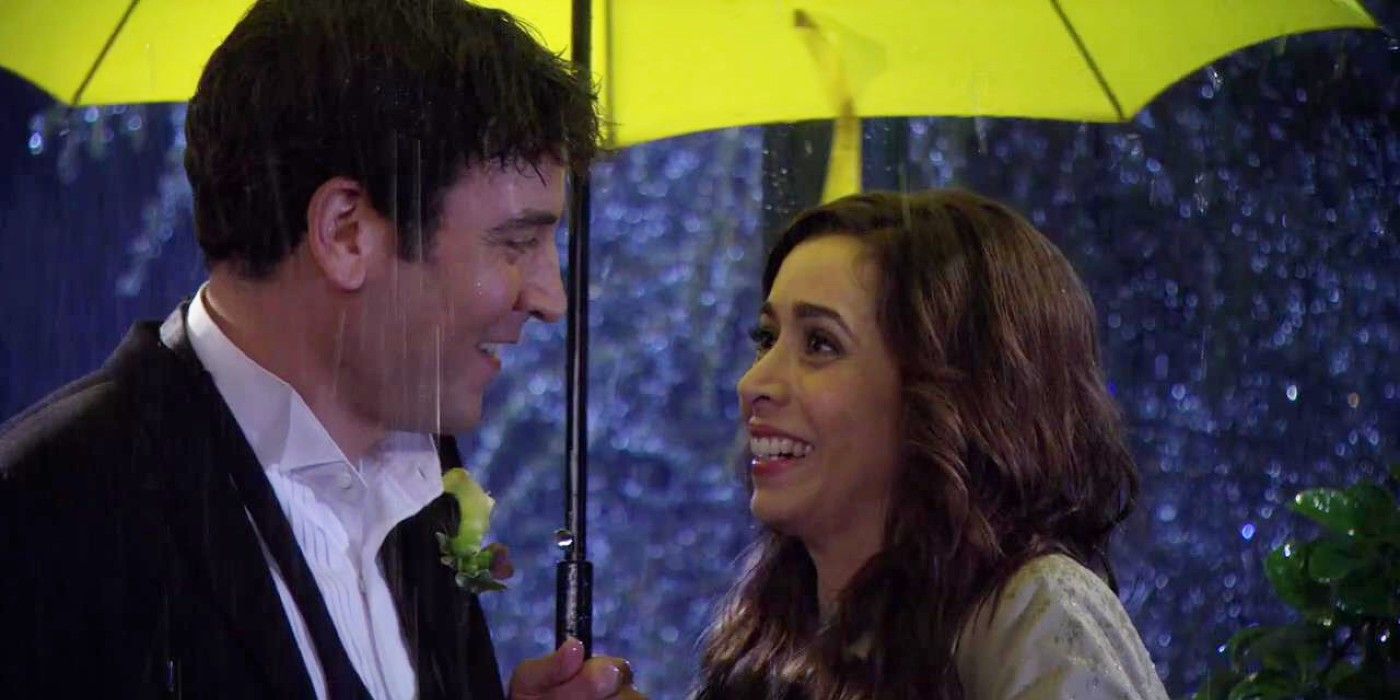 Ted and Tracy Standing Under a Yellow Umbrella in How I Met Your Mother