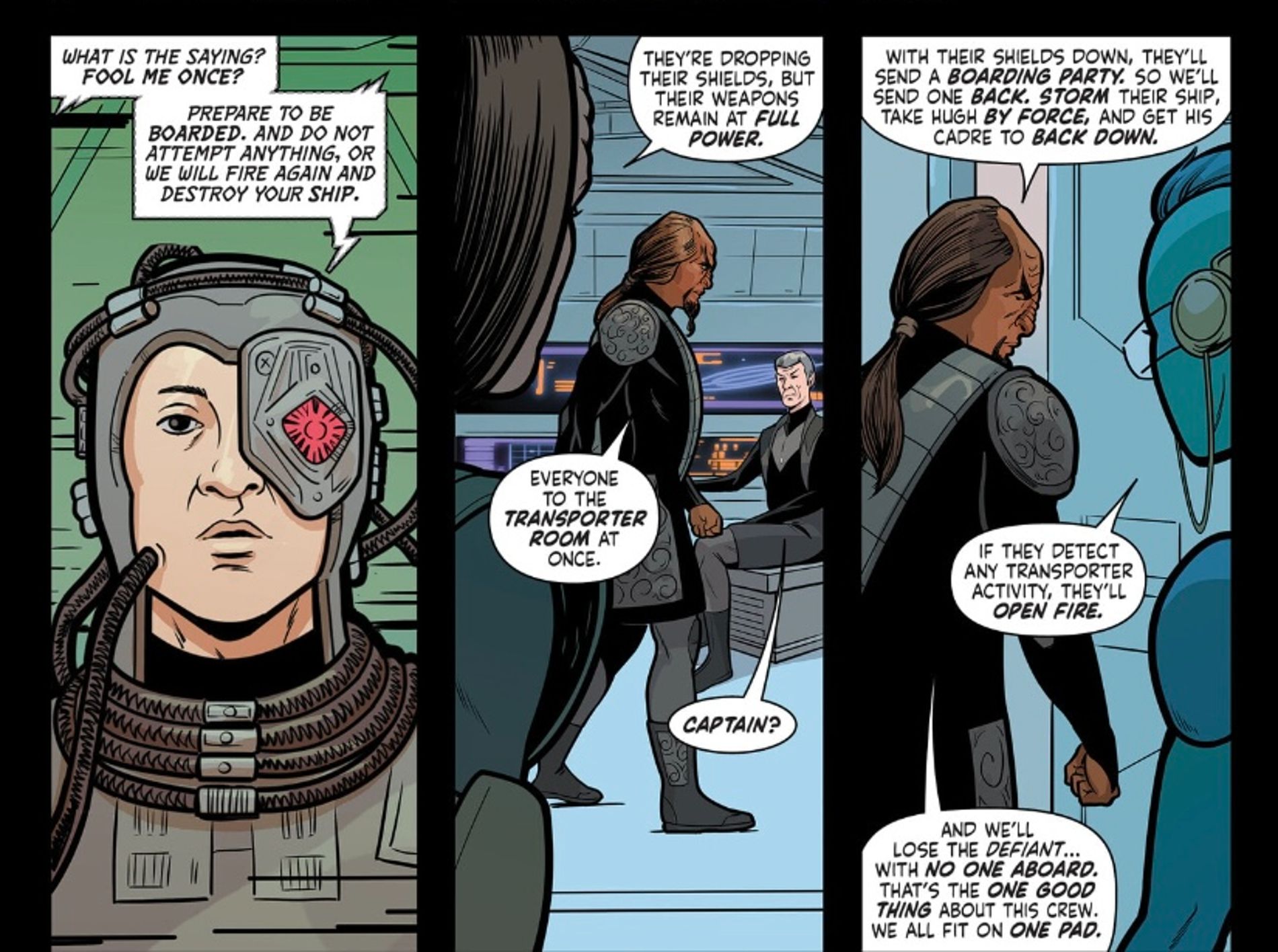 Panels from Defiant #9, Worf’s plan to counter Hugh’s boarding manuever hinges on their small crew
